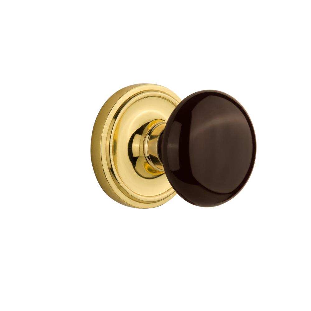 Nostalgic Warehouse CLABRN Double Dummy Knob Classic Rosette with Brown Porcelain Knob in Unlacquered Brass
